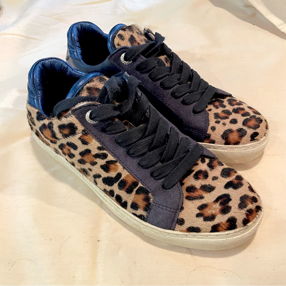 Women’s Zadig and Voltaire Leopard Pony Hair Sneakers with Blue Leather Accents